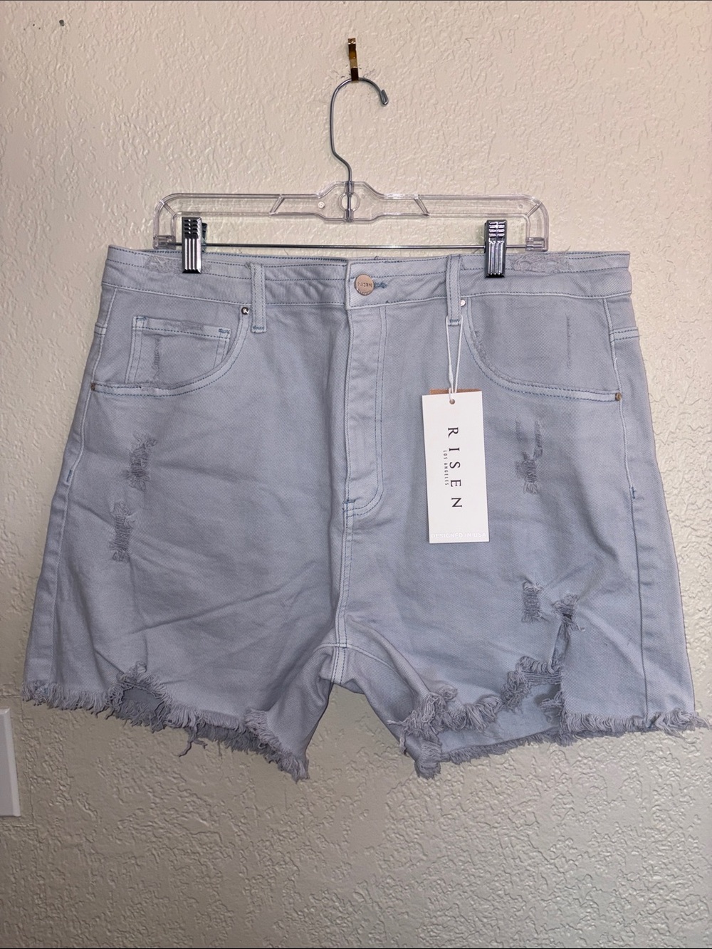 #R227 - NWT - Risen Light Gray Blue Distressed High-Rise Denim Shorts- 3X